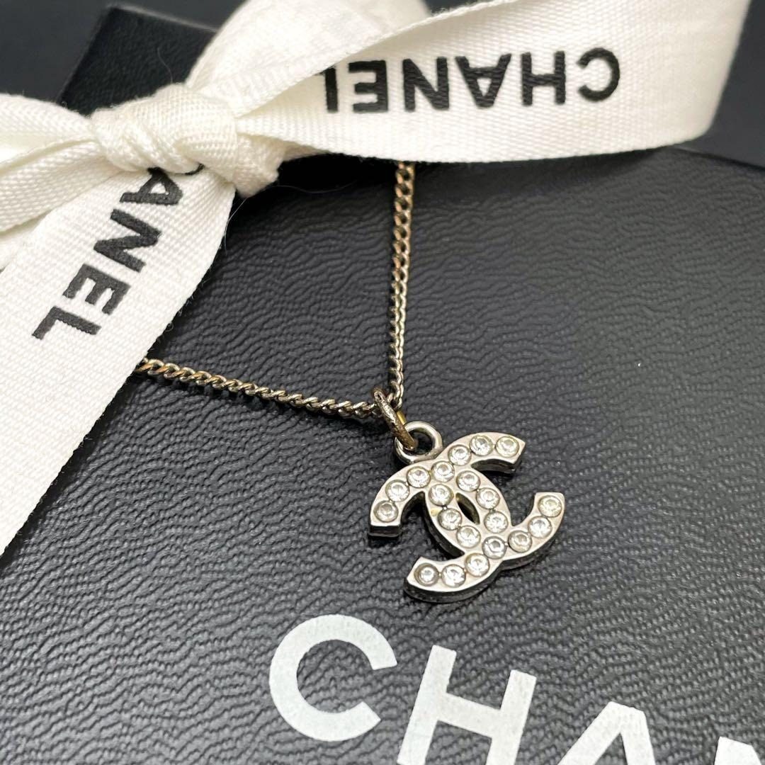 Chanel CC Logo Necklace Rhinestone Icon Silver Coco