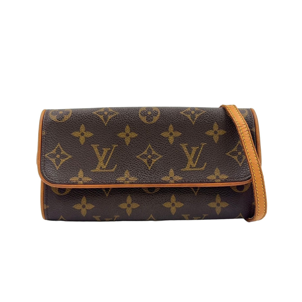 Louis Vuitton Pochette Twin PM Monogram Leather Brown Shoulder Bag Gold