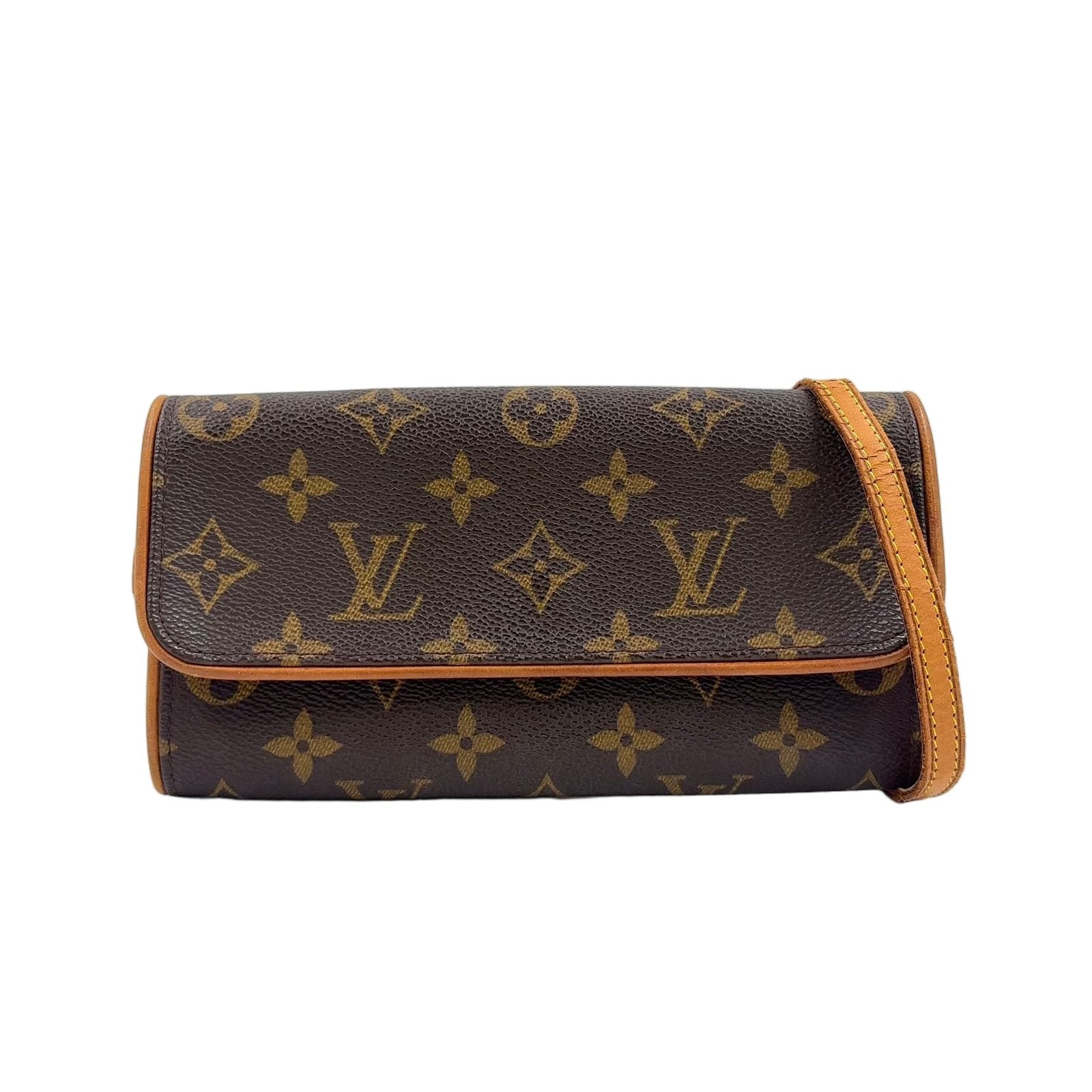 Louis Vuitton Pochette Twin PM Monogram Leather Brown Shoulder Bag Gold