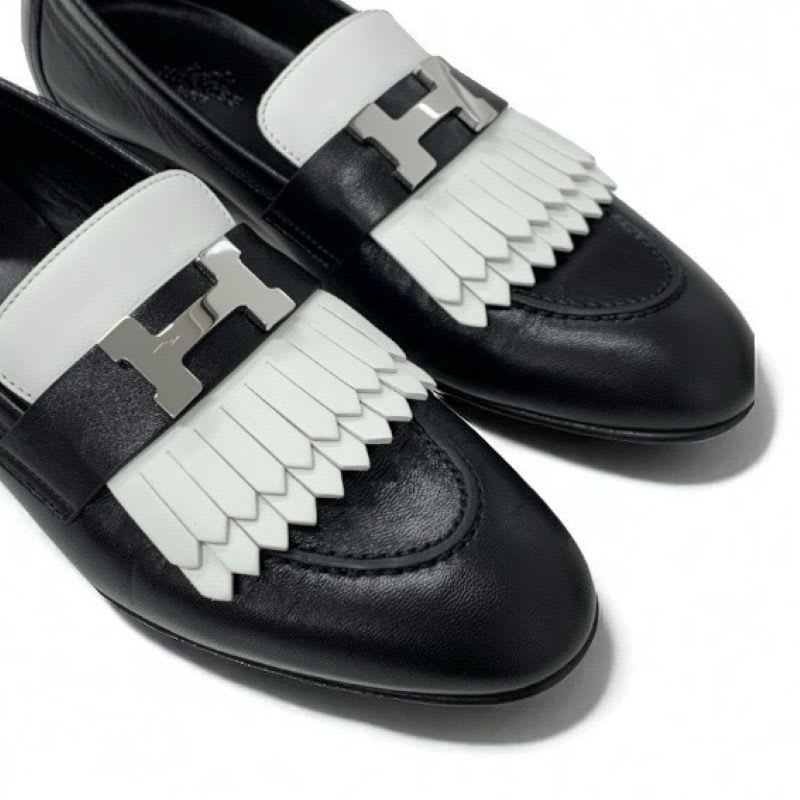 Hermes Royale Loafers Leather Shoes Black White Hhardware Fringe — view 9