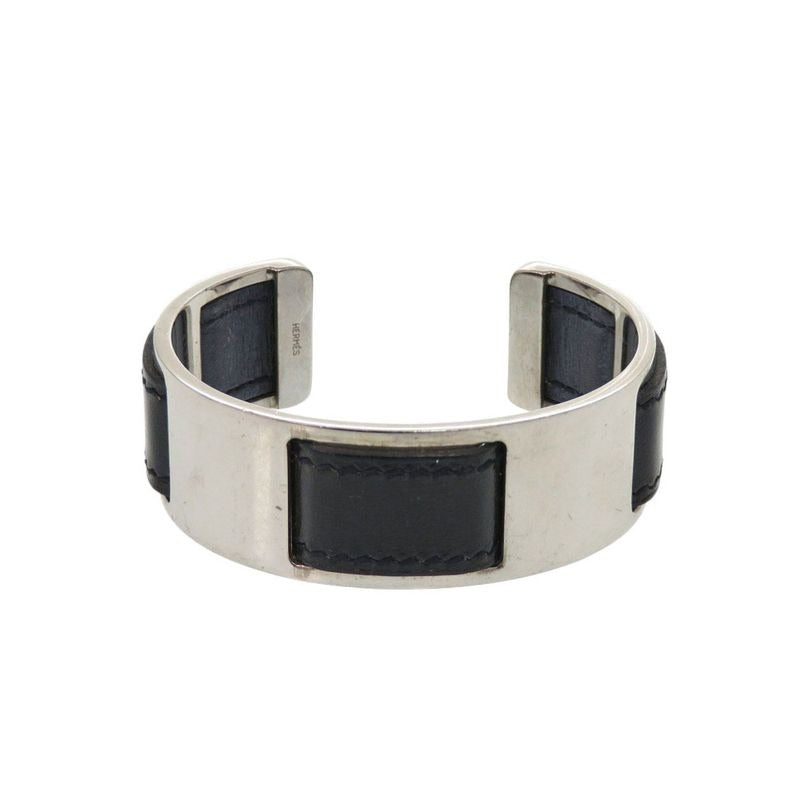 Hermes Bangle Leather Metal Silver Black Bracelet 0128 — view 2