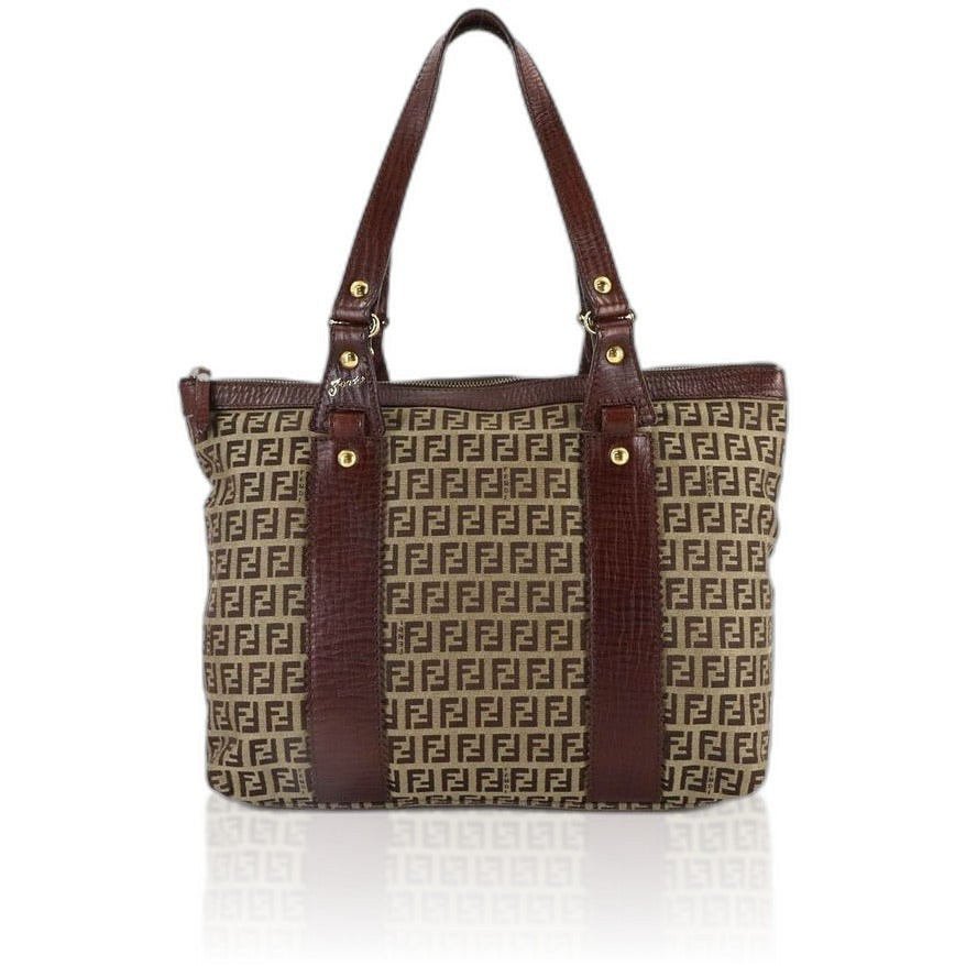 Fendi Zucchino Tote Canvas Leather Beige Brown Gold