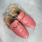 Gucci Prince Town Horsebit Loafer Sandal Fur Slip on Pink Gold Hardware Leather — view 2