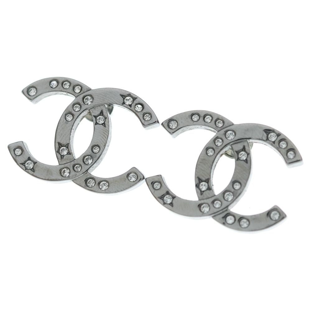 Chanel CC Logo Rhinestone Earrings Dark Silver Black