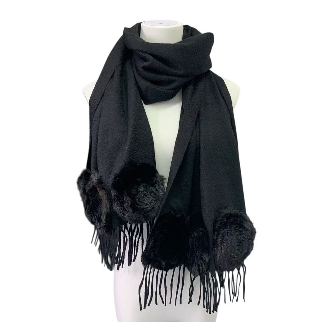 Fendi Muffler Cashmere with Mink Fur Black Scarf