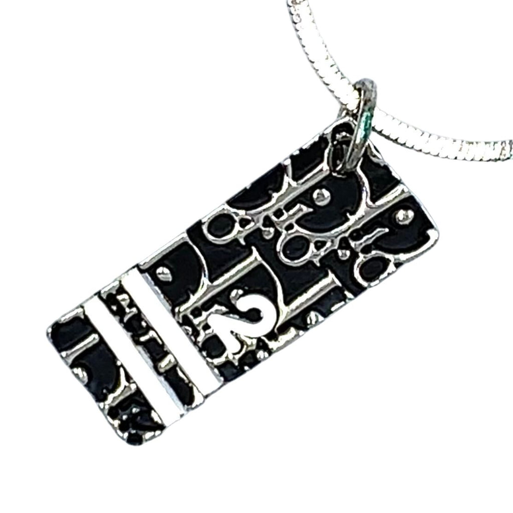 Dior Trotter Plate Metal Enamel Silver Black White Necklace