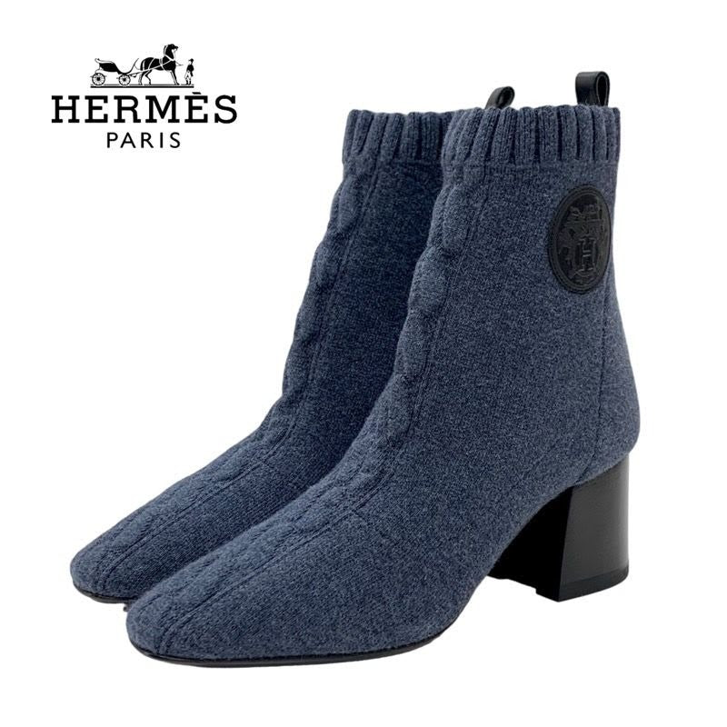 Hermes Volver Boots Short Sock Shoes Exlibris Knit Blue