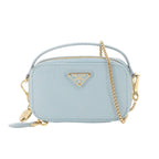 Prada Saffiano Triangle Mini Pouch Chain Shoulder Bag Leather Light Blue