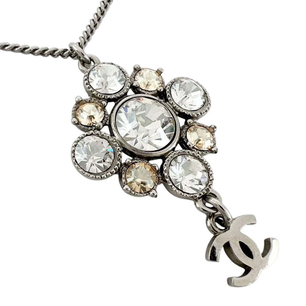 Chanel CC Logo Metal Rhinestone Silver Necklace