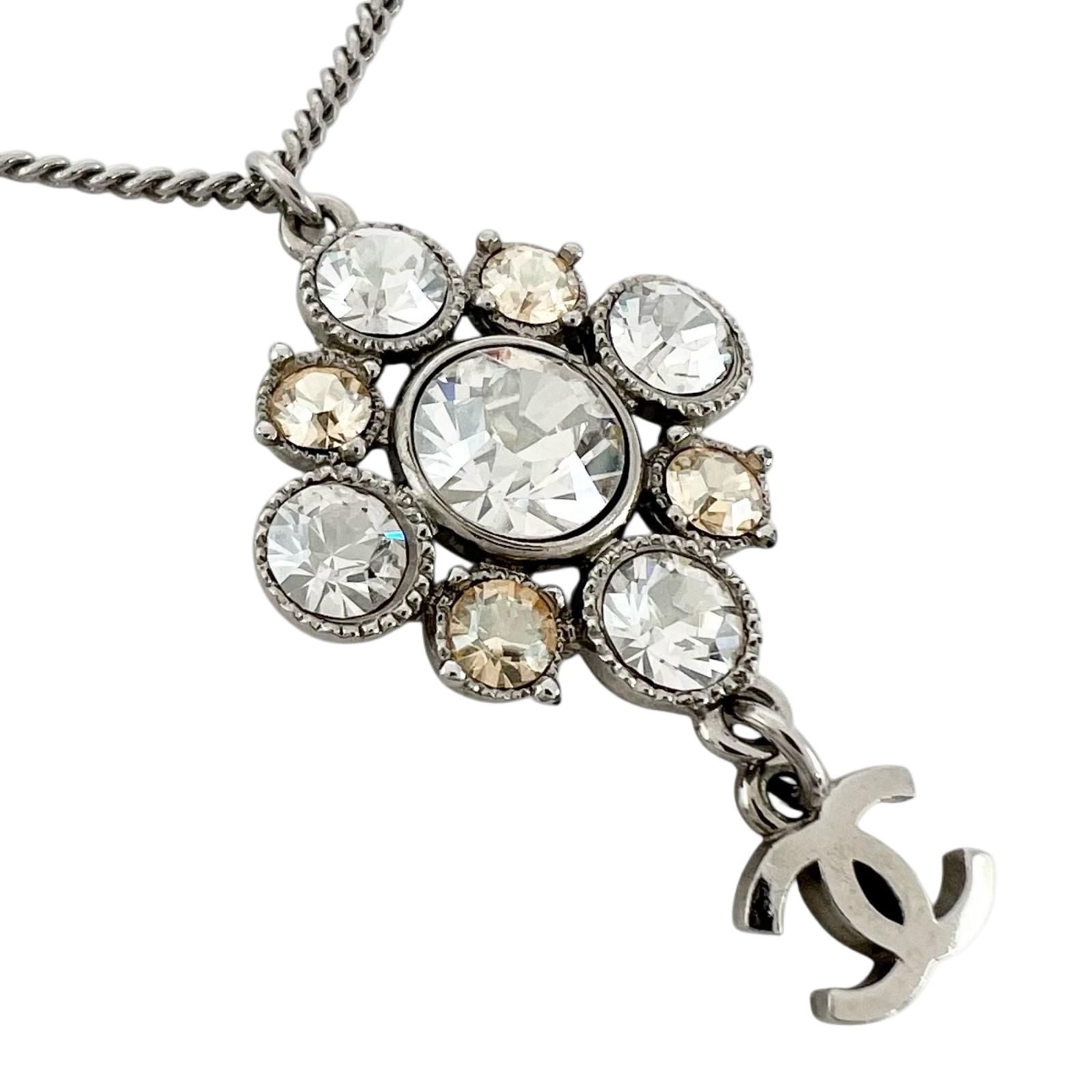 Chanel CC Logo Metal Rhinestone Silver Necklace