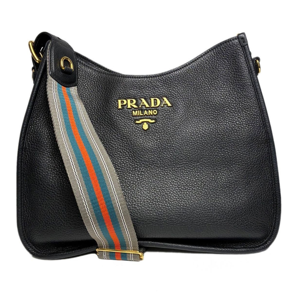 Prada Vitello Daino Shoulder Bag Black Gold Logo