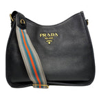Prada Vitello Daino Shoulder Bag Black Gold Logo