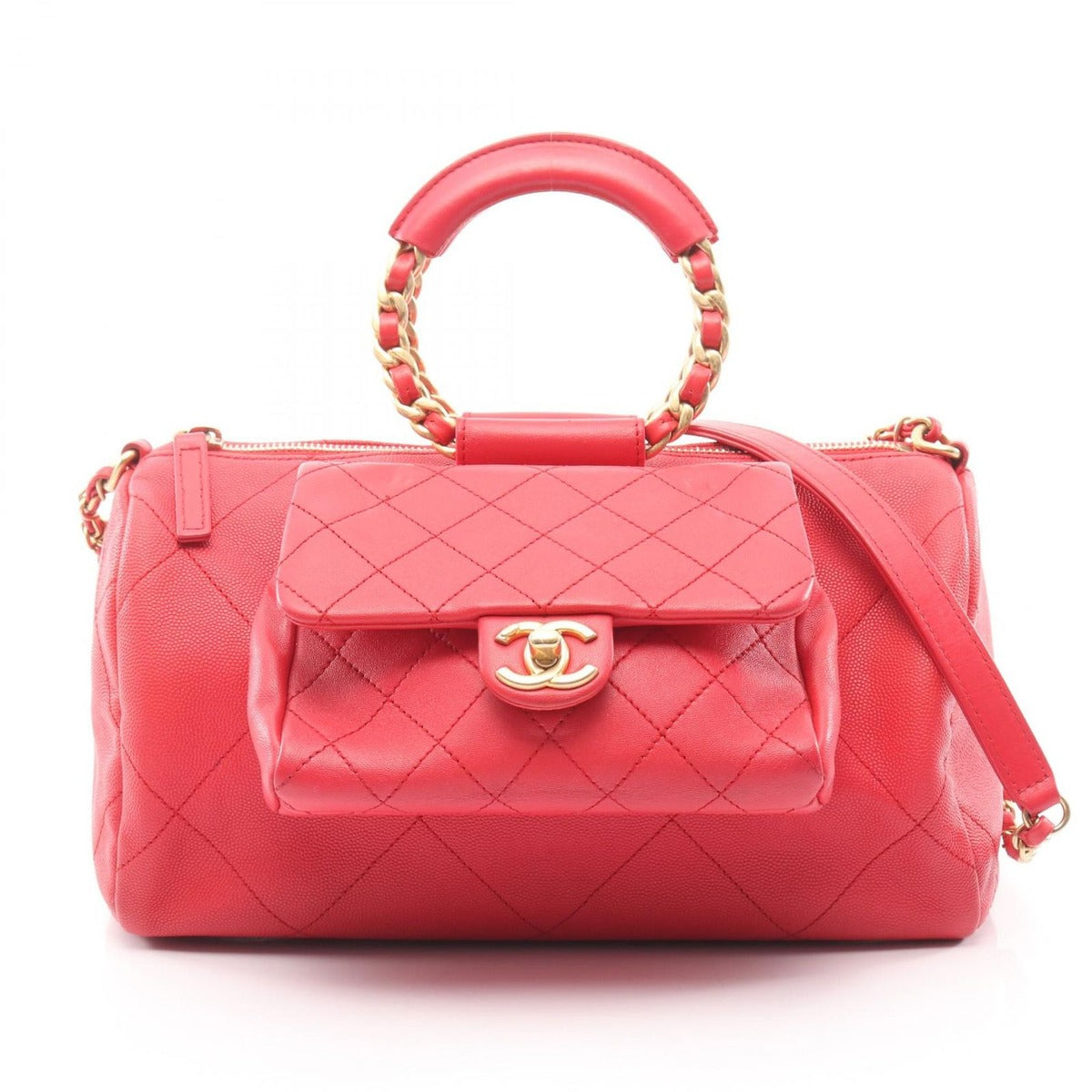 Chanel Shoulder Bag Quilted Red Leather Lambskin Loop Handle 2-Way