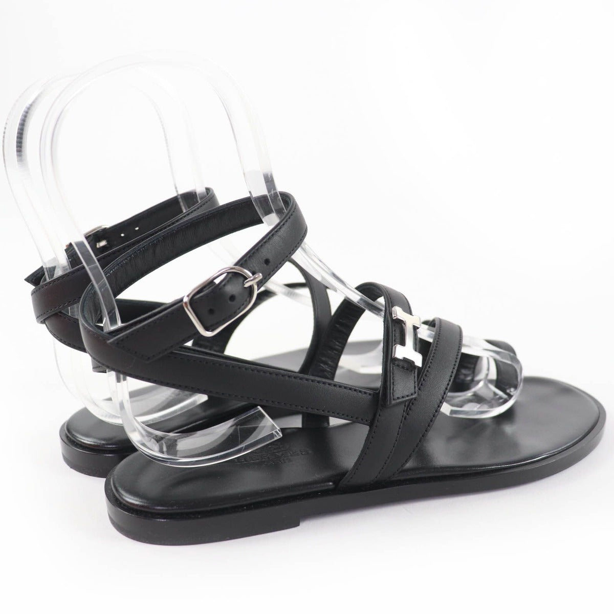 Hermes Armoni Silver Hardware Hhardware Ankle Strap Leather Sandals Black 35 — view 3