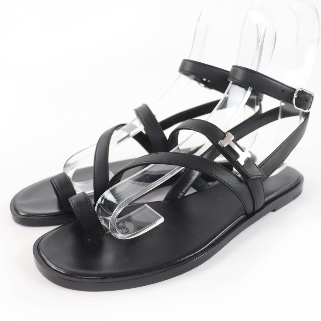 Hermes Armoni Silver Hardware Hhardware Ankle Strap Leather Sandals Black 35