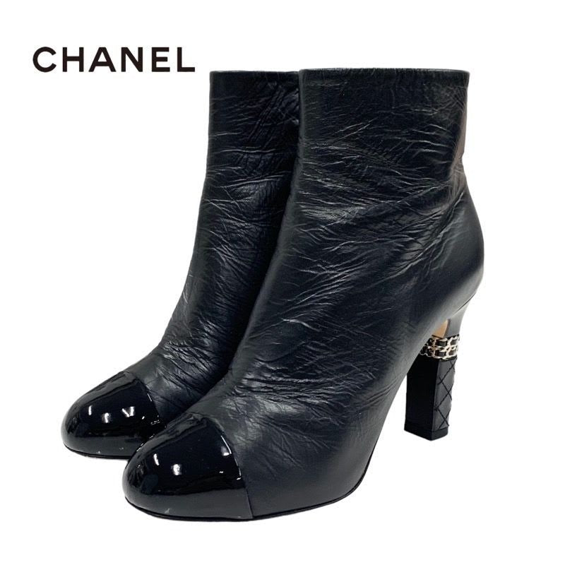 Chanel Boots Short Shoes Leather Patent Black Silver Coco Mark Chain