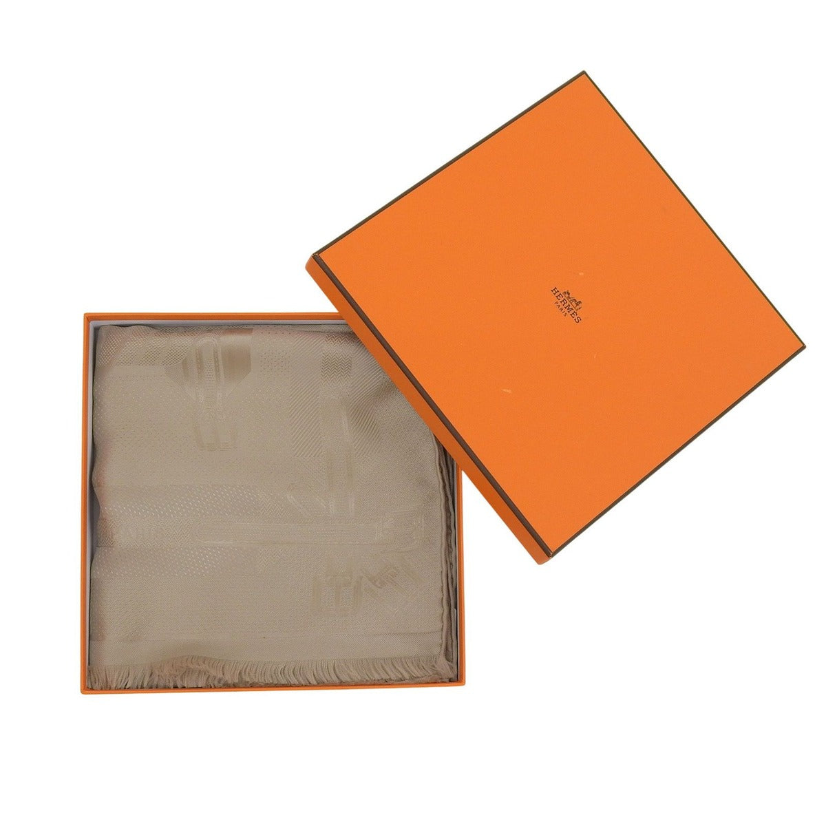 Hermes les Sangles Silk Echarpe Foulard with Fringe Shawl Beige — view 2