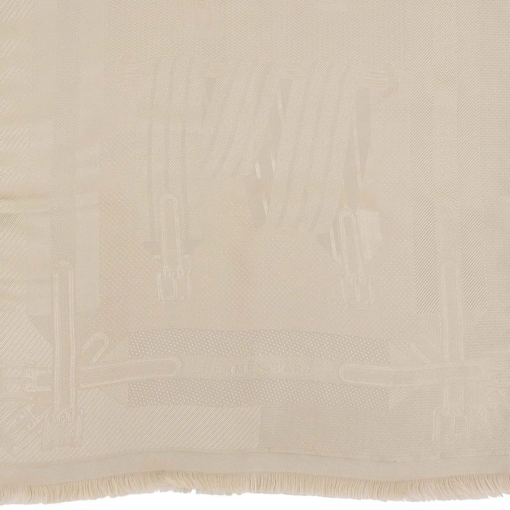 Hermes les Sangles Silk Echarpe Foulard with Fringe Shawl Beige — view 6