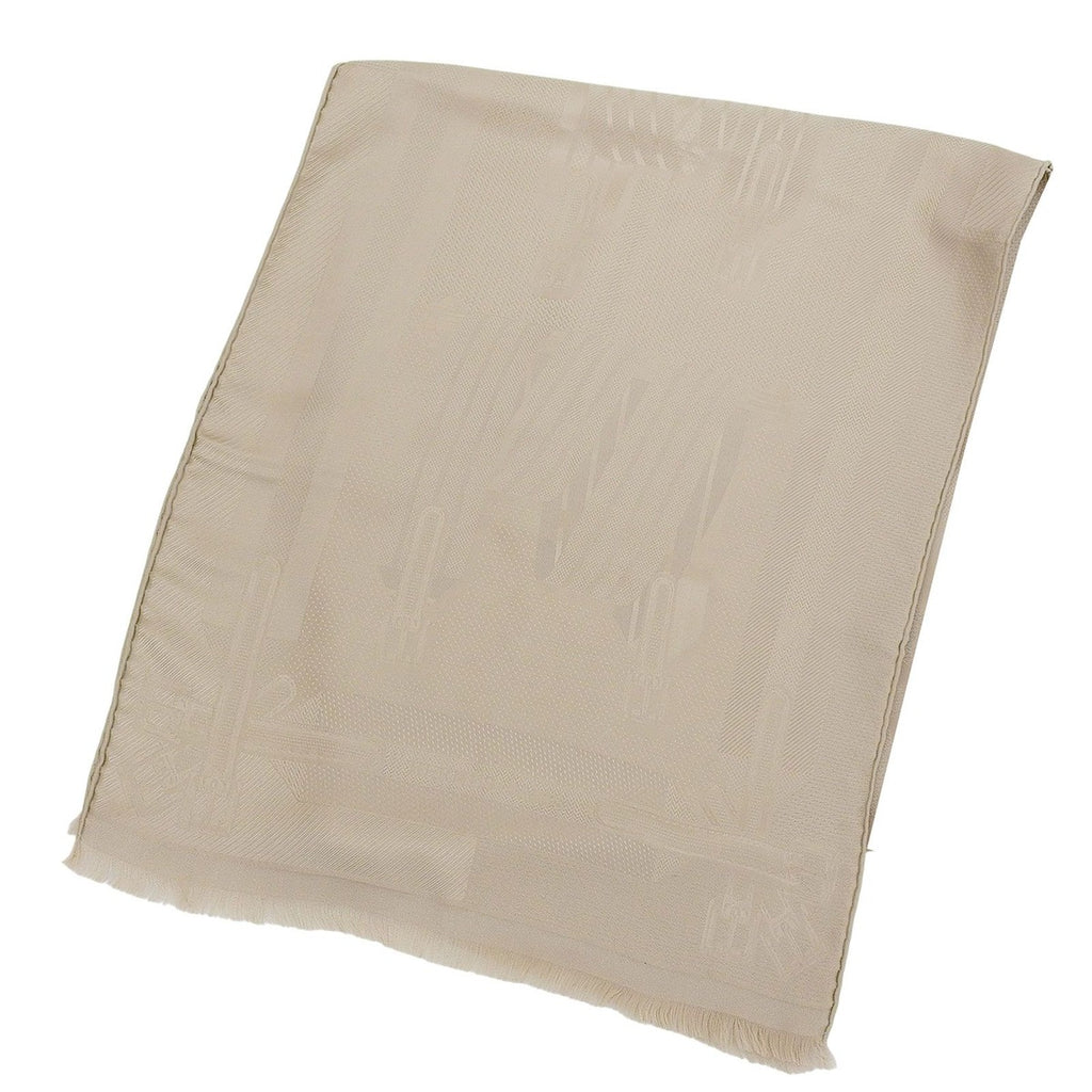 Hermes les Sangles Silk Echarpe Foulard with Fringe Shawl Beige
