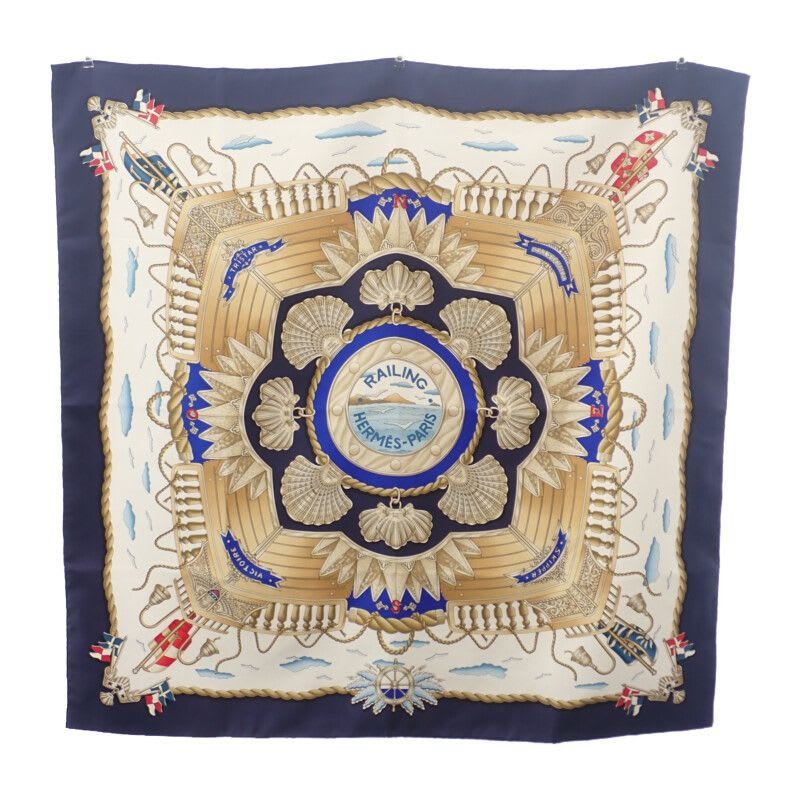 Hermes Carre 90 Ship's Handrail Railing Scarf Large Silk Ivory Blue Gold