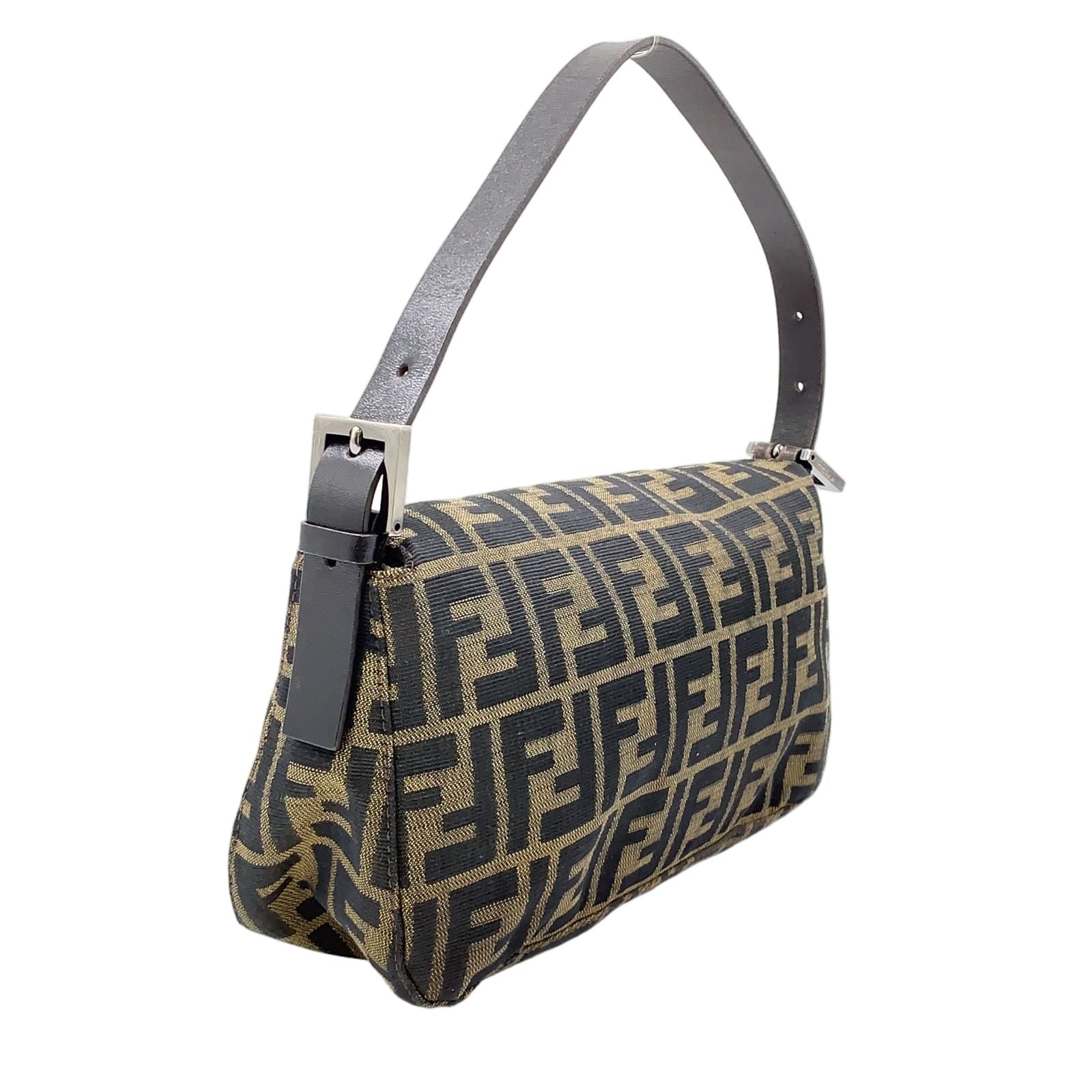 Fendi Zucca Pattern Leather Canvas Khaki Brown Dark Handbag Silver — view 2