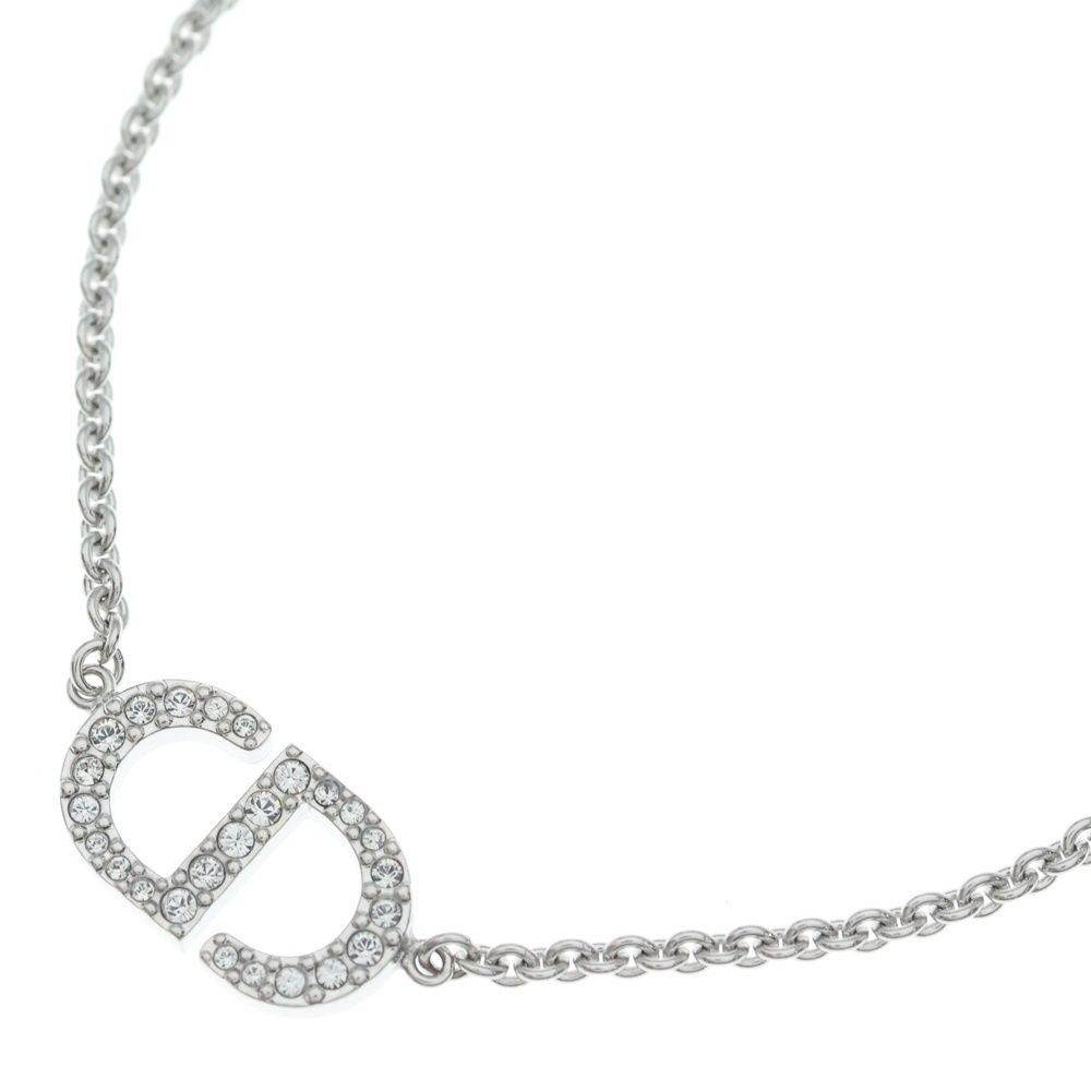 Dior Petit CD Logo Rhinestone Necklace Pendant Chain Silver