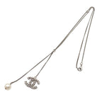 Chanel Necklace Silver Metal Costume Pearl Rhinestone CC Logo — view 2