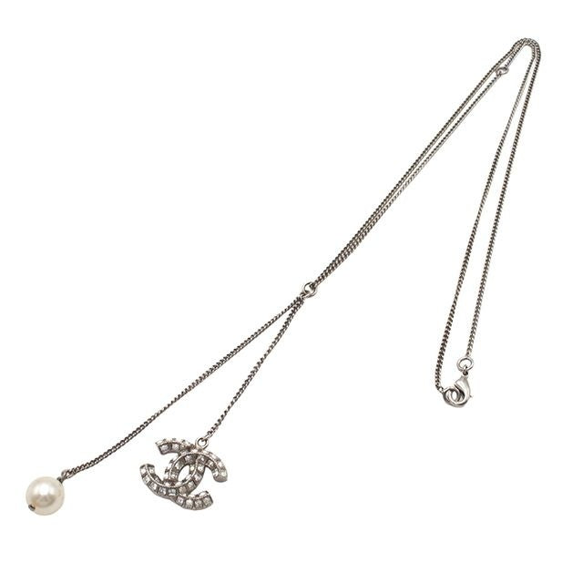 Chanel Necklace Silver Metal Costume Pearl Rhinestone CC Logo — view 2