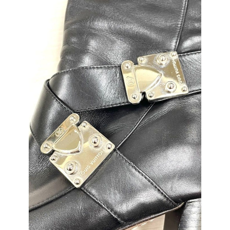 Louis Vuitton Leather Cross Belt Heel Long Boots 34 1 2 El0503 Black — view 6