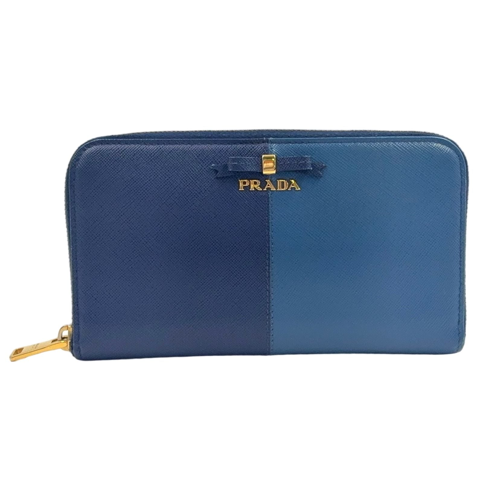 Prada Ribbon Bicolor Zip Around Leather Blue Light Wallet Gold