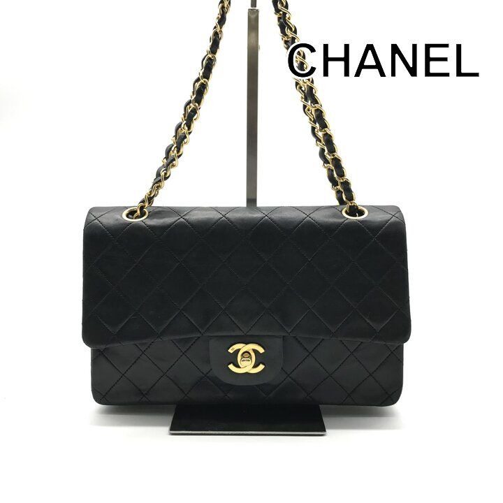 Chanel Quilted 25 CC Logo Double Flap Chain Shoulder Bag Lambskin Black