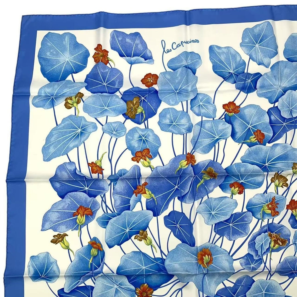 Hermes Carre 90 les Capucines Golden Lotus Scarf Silk Blue Box — view 2