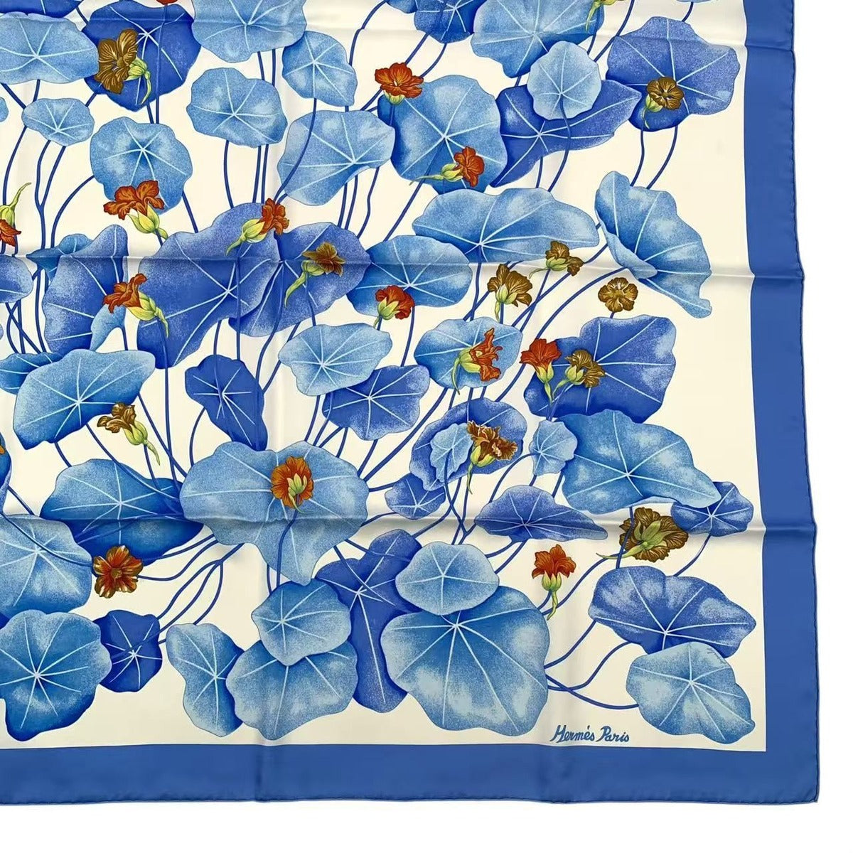 Hermes Carre 90 les Capucines Golden Lotus Scarf Silk Blue Box — view 4