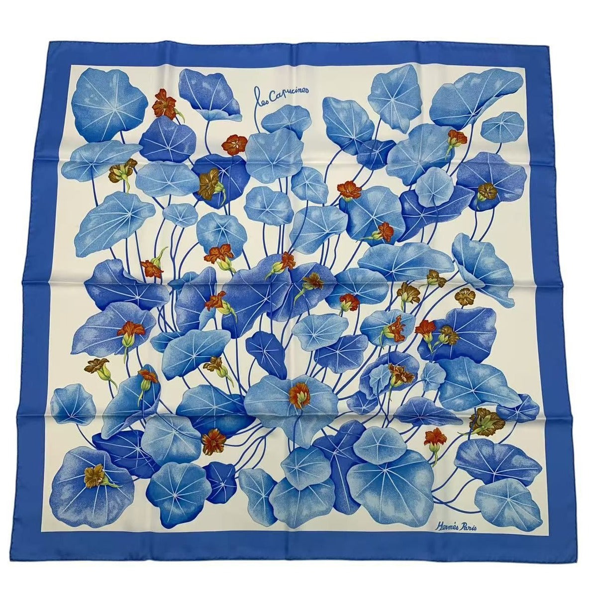 Hermes Carre 90 les Capucines Golden Lotus Scarf Silk Blue Box