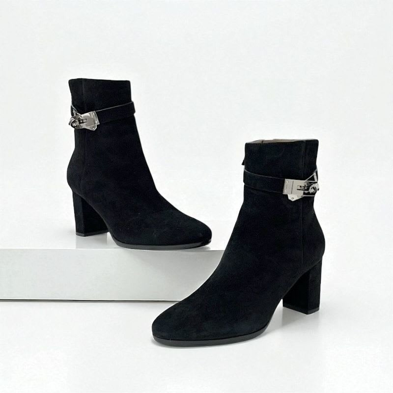 Hermes Saint Germain Boots Short Shoes Suede Black Silver Kelly Hardware