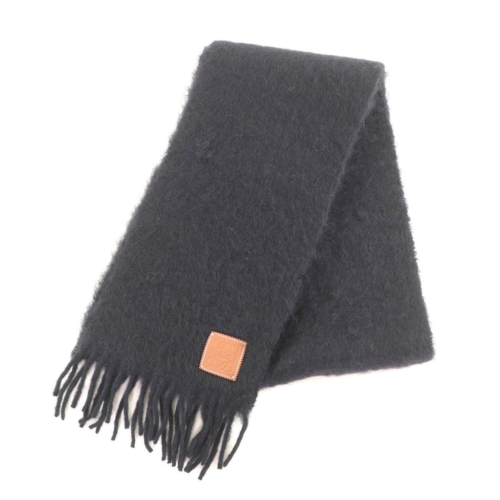 Loewe Mohair Wool Blend Leather Fringe Scarf with Anagram Patch