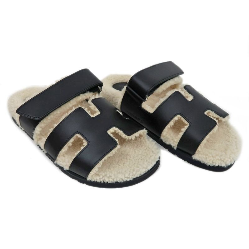 Hermes Chypre Sandals Size 37.5 Leather Black Sheepskin Off White — view 2