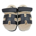 Hermes Chypre Sandals Size 37.5 Leather Black Sheepskin Off White — view 3