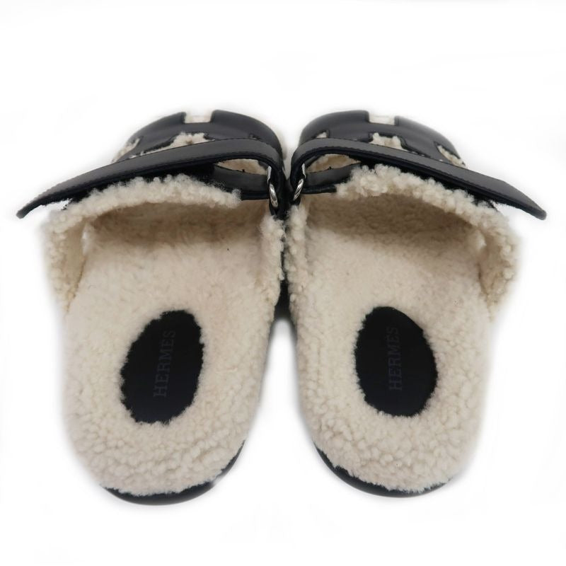 Hermes Chypre Sandals Size 37.5 Leather Black Sheepskin Off White — view 4