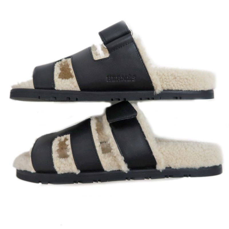 Hermes Chypre Sandals Size 37.5 Leather Black Sheepskin Off White — view 5