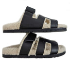 Hermes Chypre Sandals Size 37.5 Leather Black Sheepskin Off White — view 6