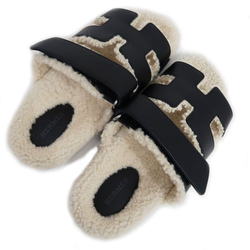 Hermes Chypre Sandals Size 37.5 Leather Black Sheepskin Off White — view 7
