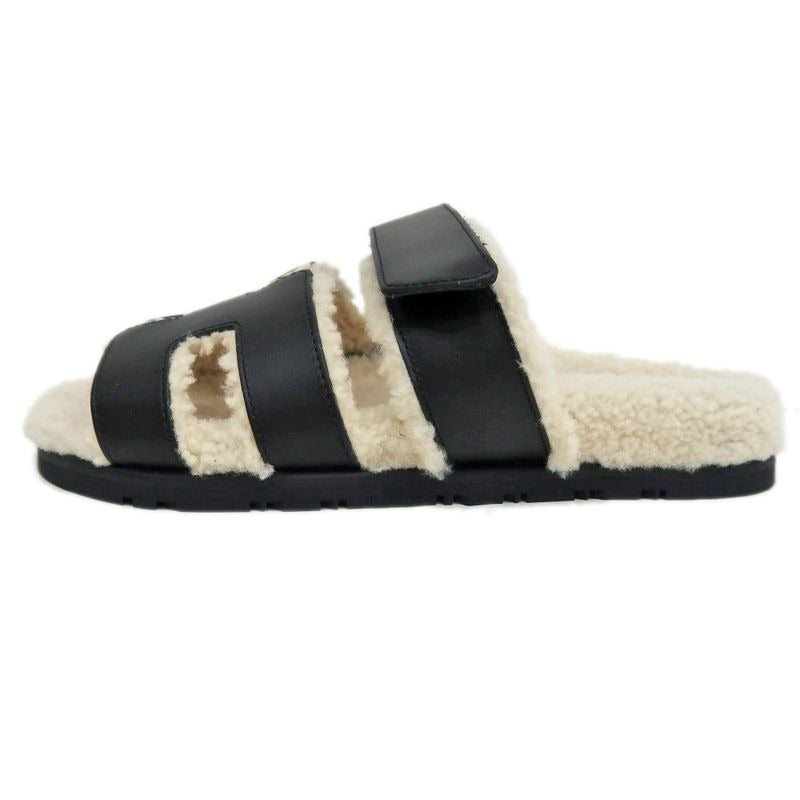 Hermes Chypre Sandals Size 37.5 Leather Black Sheepskin Off White
