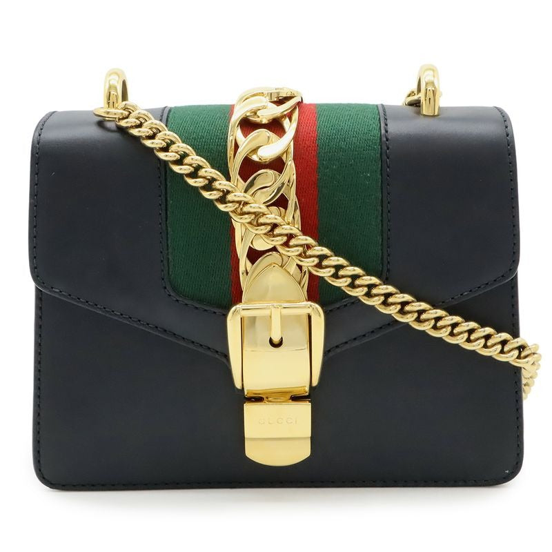 Gucci Sylvie Webline Ribbon Mini Chain Bag Shoulder Pochette Leather Black — view 2