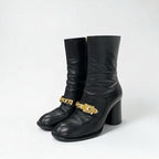 Gucci Boots Short Shoes Leather Black Gold Chain Belt