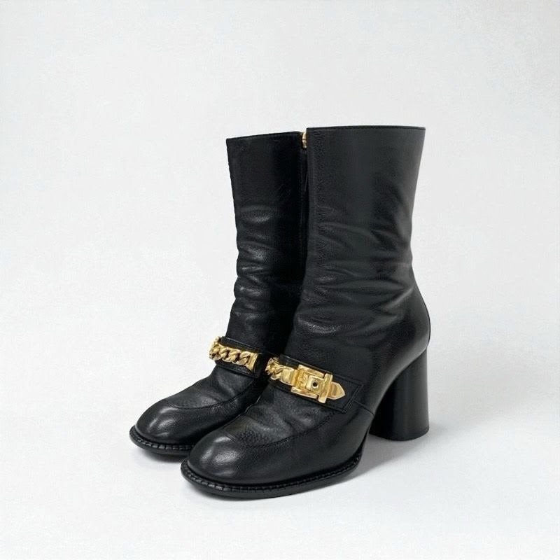 Gucci Boots Short Shoes Leather Black Gold Chain Belt — view 2