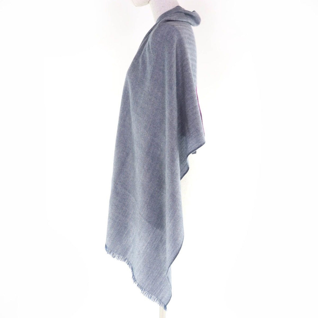 Hermes Cashmere H Logo Leather Patch with Fringe Large Shawl Purple Navy Scarf — view 5