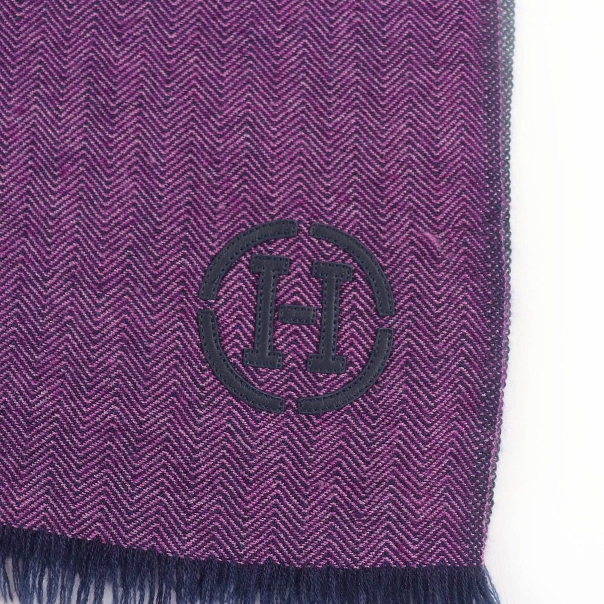 Hermes Cashmere H Logo Leather Patch with Fringe Large Shawl Purple Navy Scarf — view 7