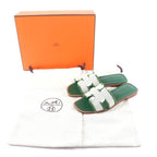 Hermes Oran Fringe Canvas Leather Sandals Green 35 — view 2