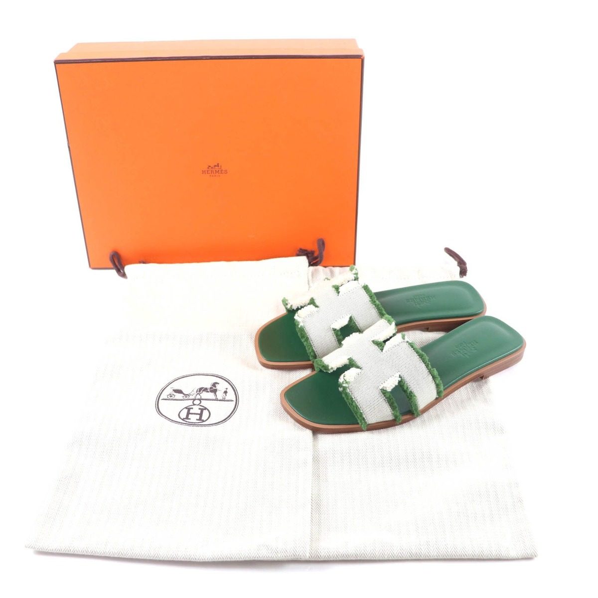 Hermes Oran Fringe Canvas Leather Sandals Green 35 — view 2
